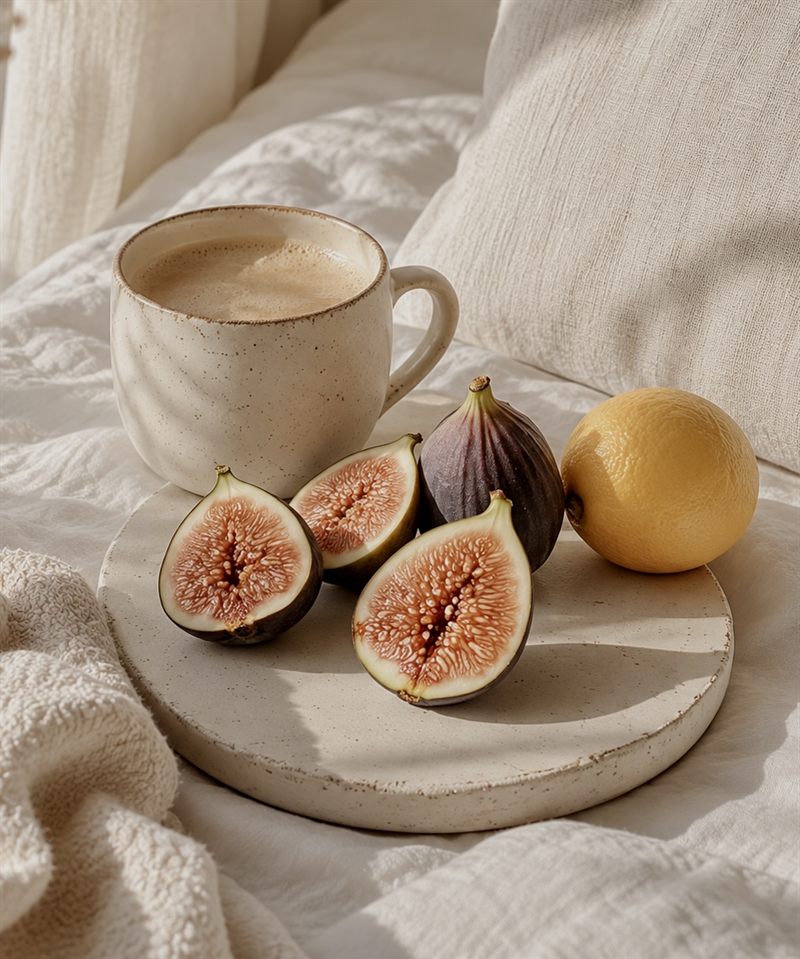 A cup of coffee and fresh figs on a linen cloth